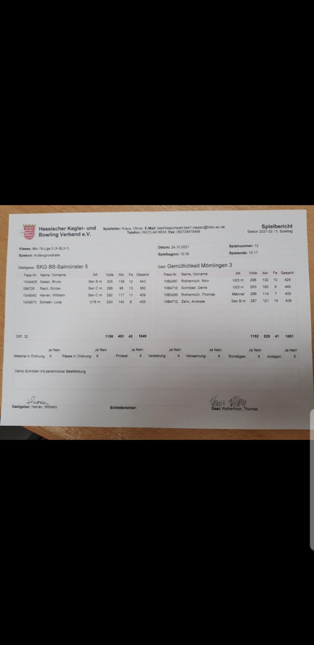 445 Holz persönliche Bestleistung von Denis&nbsp;Schröder